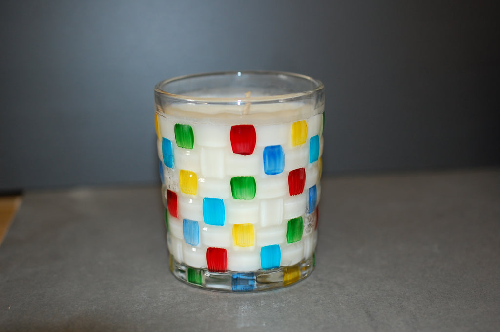 Scented Candle Cup, Textured Glass with Colorful Square Accents