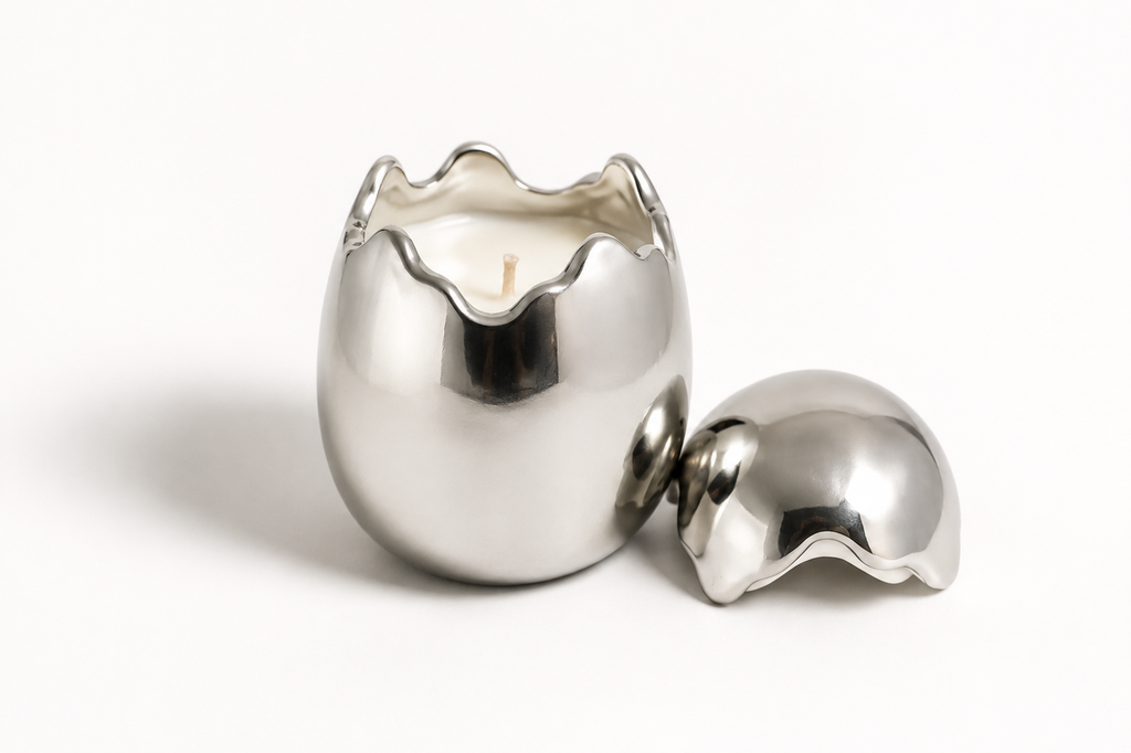 Cracked Egg Candle Cup, Reflective Silver Finish