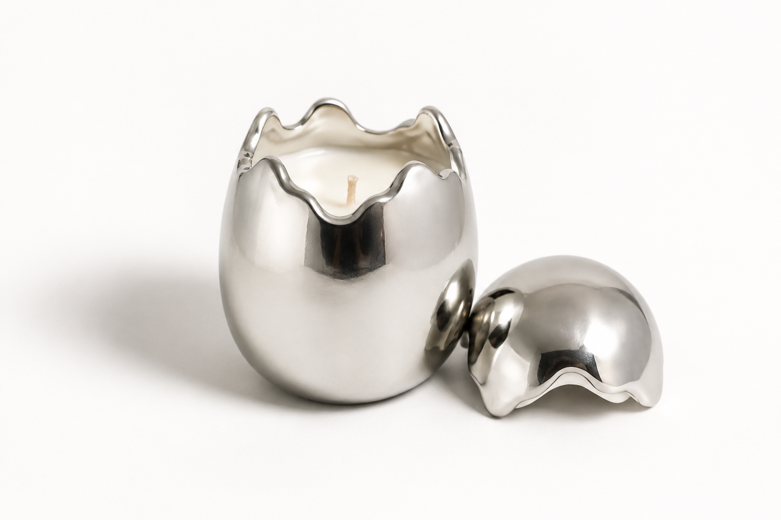 Cracked Egg Candle Cup, Reflective Silver Finish