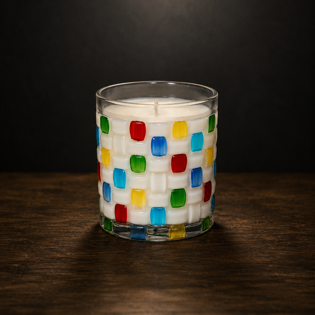 Scented Candle Cup, Textured Glass with Colorful Square Accents