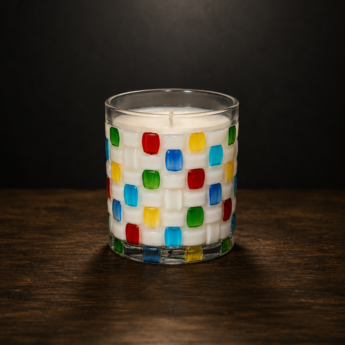 Scented Candle Cup, Textured Glass with Colorful Square Accents