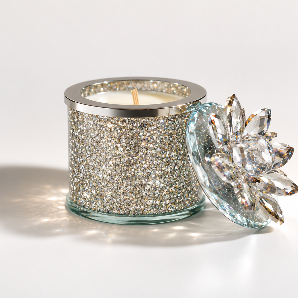 Crystal Encrusted Glass Candle, Jeweled Lid, Elegant Decor
