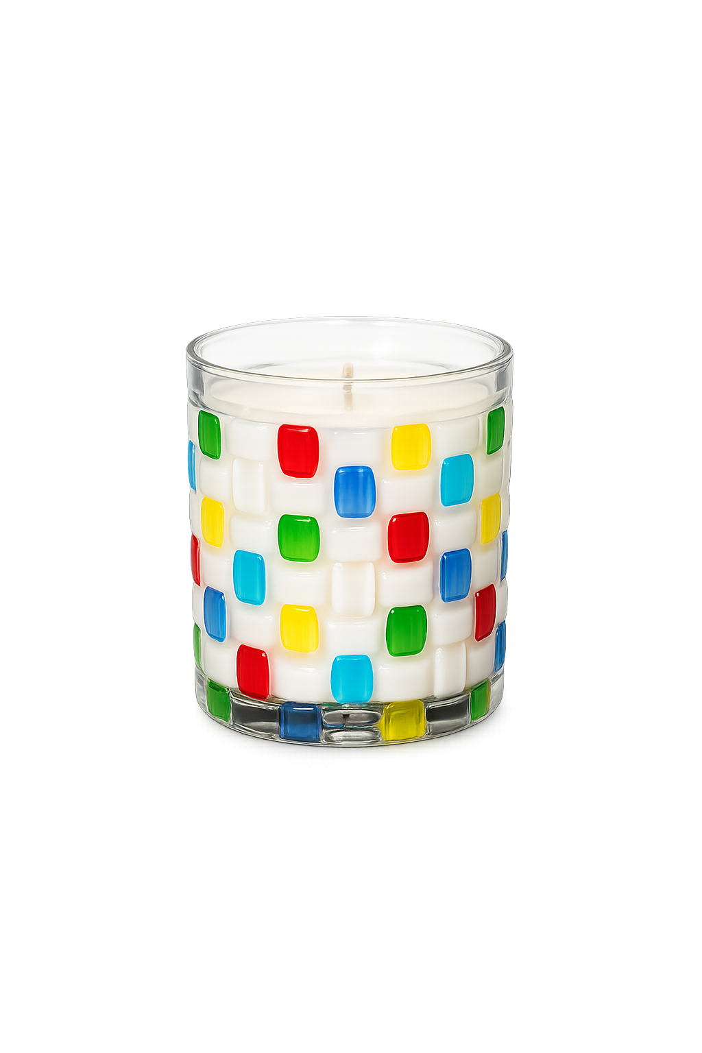 Scented Candle Cup, Textured Glass with Colorful Square Accents